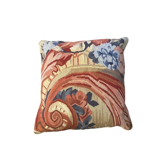 Vintage Handmade Embroidered Crewel Pillow 17” Square Cushion Tapestry Colorful